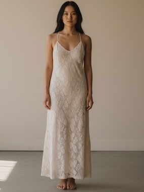 Kay Unger Vintage Floral Lace Sequin Slip Maxi Dress Beige Size 4